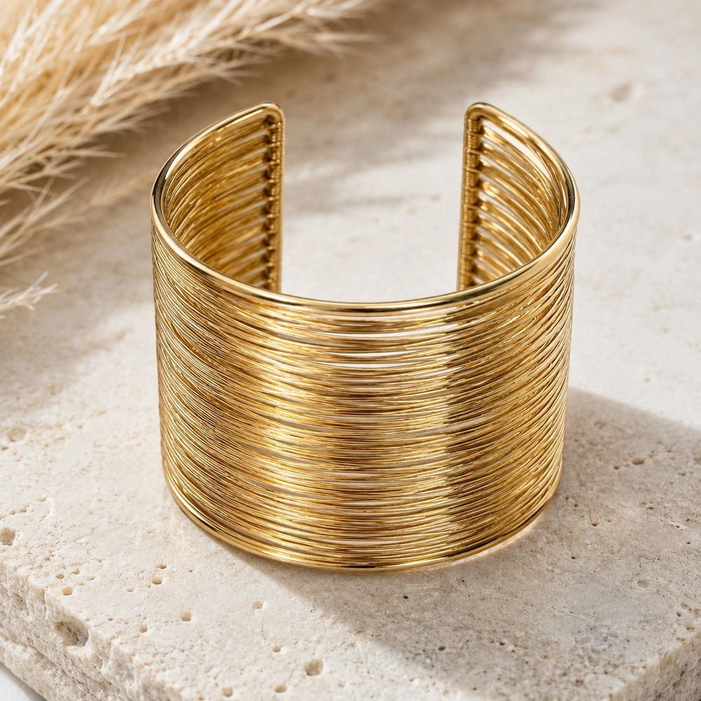 Gold Multi Strand Wire Cuff Bracelet Statement Boho Minimalist Wide Bangle